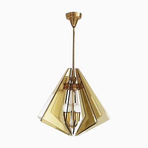 Brass & Smoked Glass 3-Light Pendant Lamp by Gino Paroldo, 1960s