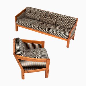 Swedish Sofa & Armchair in Pine & Fabric, Set of 2
