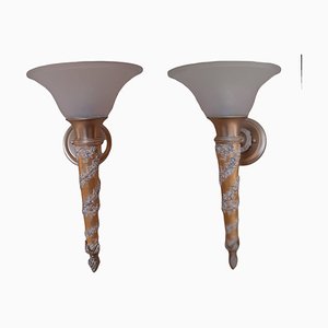 Wall Lights in Faux Marble and Carved Wood, Set of 2