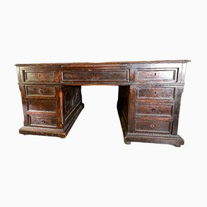 Leather and Walnut Center Desk with 9 Drawers, 2 Doors & 2 Secret Compartments