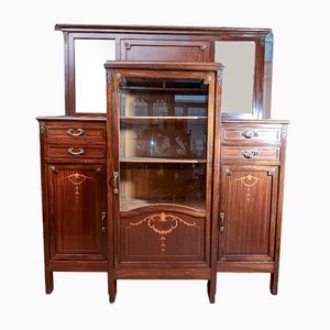 Aparador y vitrina central Liberty vintage con incrustaciones de mármol negro