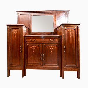 Vintage Italian Liberty Sideboard with Black Marble Plans & Central Mirror