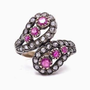 18k Yellow Gold and Silver Ring with Rosette Cut Diamonds and Rubies, 1900s