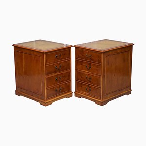Burr Yew Wood Office Filing Cabinets with Green Leather Tops, Set of 2