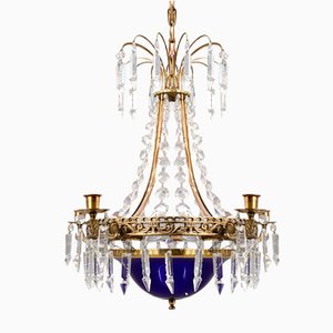 Antique Empire 4 Arm Crystal Chandelier with Blue Glass Bowl, 1900s