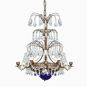 Antique Empire 4 Arm Crystal Chandelier with Blue Glass Bowl, 1900s