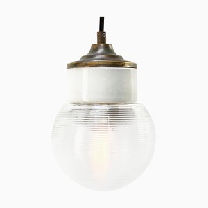 Vintage Industrial White Porcelain Ribbed Clear Glass Brass Pendant Lights