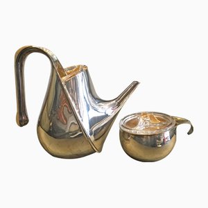 Italian Mid-Century Modern Silver-Plated Tea Set by Oscar Tusquet for Alessi, 1983, Set of 2