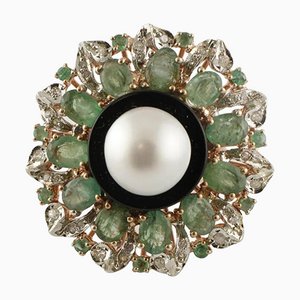 Diamond Emerald Onyx Pearl 9 Carat Rose Gold and Silver Ring