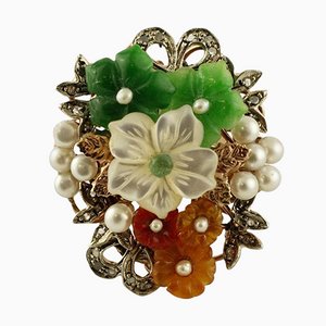 Diamond Carnelian Agate Mother-of-Pearl Emerald Rose Gold and Silver Ring