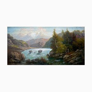 Paysage Alpin avec Ruisseau, 19ème Siècle, Huile sur Toile, Encadrée