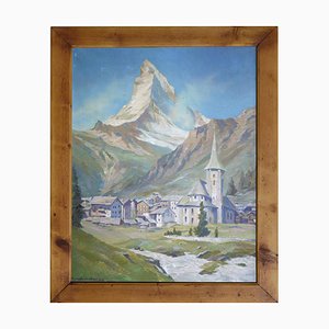Le Cervin et Zermatt, 1938, Huile sur Carton, Encadrée