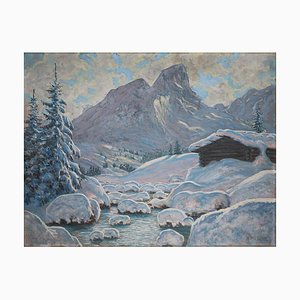 Kusche Alfred, Winter in Tirol, anni '20, olio su cartone, con cornice