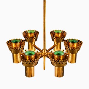 Mid-Century Swedish 6 Candle Arms Brass Chandelier by Hans-Agne Jakobsson for Hans-Agne Jakobsson Ab Markaryd, 1960s