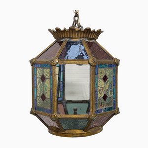 Gilt Copper and Glass Pendant Light with Vitrail Facets, France