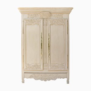 French Painted & Patinated Oak Armoire with Carved Floral Patterns, 19th Century