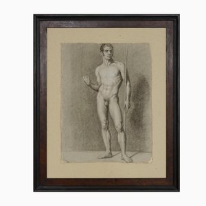 Male Nude Study, Italy, Pencil and Charcoal on Paper, Framed