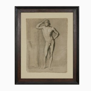 Male Nude Study, Italy, Pencil and Charcoal on Paper, Framed