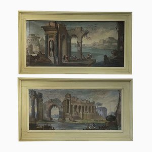Italian Architectural Caprices with Classic Ruins, 20th-Century, Oil on Canvas, Framed, Set of 2