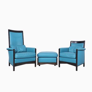 Blue Leather Galaxy Armchairs by Umberto Asnago for Giorgetti, 1990s, Set of 3