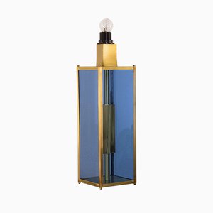 Italian Lamp Base in Blue Glass with Satin Brass Frame, 1970s