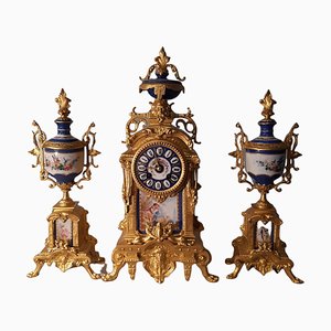 Antique French Ormolu-Mounted Mantel Clock with Vases, Set of 3