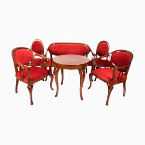 Viennese Secession Art Nouveau Coffee Table, Chairs and Bench, Austria, 1900s, Set of 6