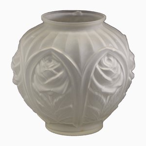 Vintage French Art Deco Etched Glass Geometric Rose Motif Vase, 1930s