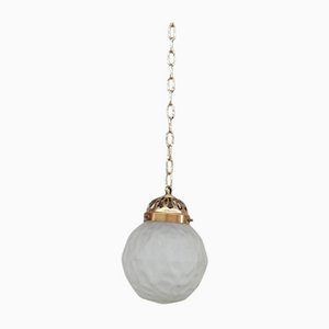 French Pendant Light in Diminutive Brass and Etched Glass, France, 1930s