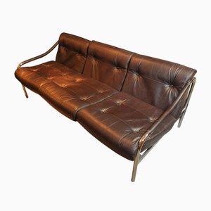 3-Seat KADIA Sofa in Brown Leather Upholstery & Chromed Steel by Tim Bates for Pieff, England, 1970s