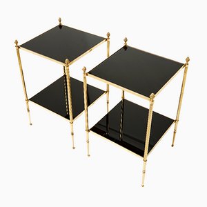 French Brass Black Glass Two-Tier End Tables by Maison Jansen, 1960s, Set of 2