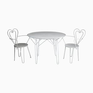 Mid-Century French Garden Table and Heart Chairs by Mathieu Mategot, 1950s, Set of 3