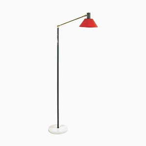 Italian Mid-Century Brass Marble and Red Lacquer Floor Lamp by Stilux Milano