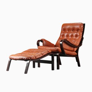 Vintage Danish Mid-Century Leather Lounge Chair & Matching Footstool