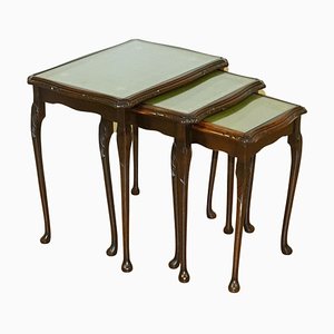 Hardwood Queen Anne Style Nesting Tables with Green Embossed Leather Top