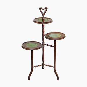 Hardwood and Green Leather 3-Tiered Whatnot Plant Stand