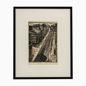 Manfred Beelke, Potsdamer Strasse Elevated Railroad, Linogravure Noire et Blanche sur Papier, Encadré