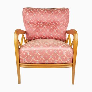 Italian Wood & Pink Fabric Armchair in the Style of Paolo Buffa, 1940s
