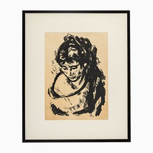 Portrait de Femme, Dessin à l'Encre Noire et Blanche sur Papier, Encadré