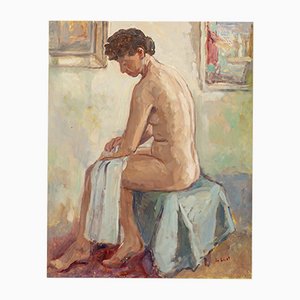 De Smet, desnudo femenino sentado, óleo sobre tabla, enmarcado