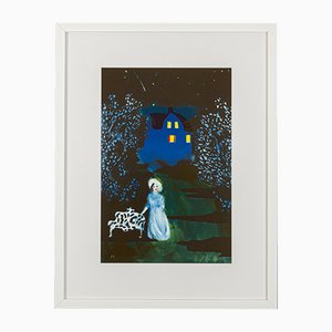 Peter Dahl, Lady at Night, Color Lithograph on Paper, Framed