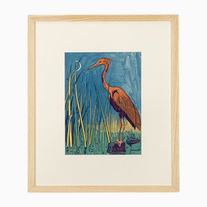 Heron, 1940s, Gouache on Paper, Framed