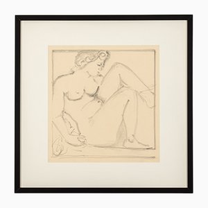 Sitting Nude, 1940s, Carbon on Paper, Framed