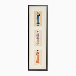 Art Deco Fashion Drawings III, 1920s, Gouache on Paper, Framed, Set of 3