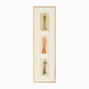 Art Deco Fashion Drawings IV, 1920s, Gouache on Paper, Framed, Set of 3
