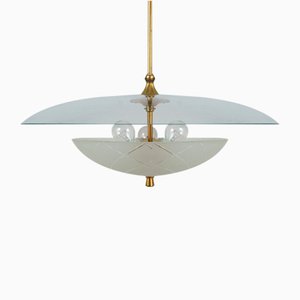 Large Mid-Century Italian Glass and Brass Ceiling Lamp