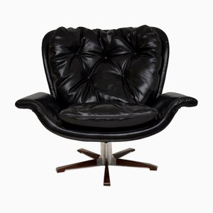 Vintage Danish Leather & Wood Swivel Armchair