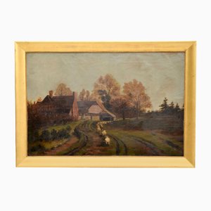 Peinture de Paysage Victorienne Antique, Huile sur Toile, Encadrée