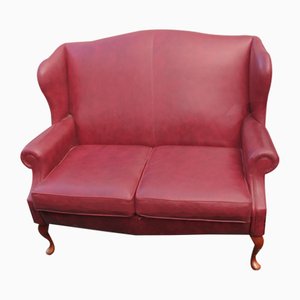 Red Leather Highback 2 Seater Sofa, 1960s