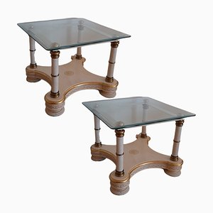 Modern Wood and Brass Tables with Glass Top, 1980s, Set of 2